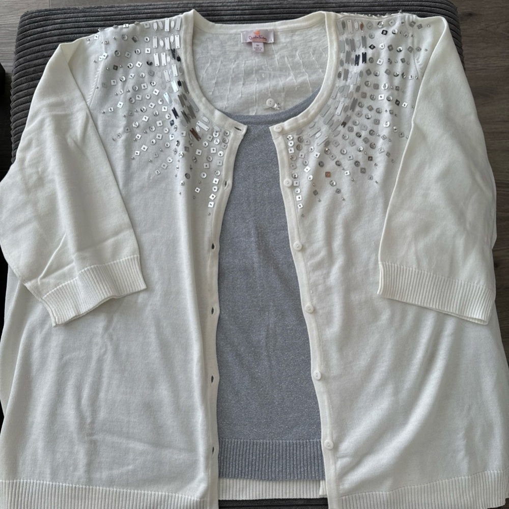 Quaker Factory Size 3x Button Up Cardigan Sweater Cream Ivory Silver Sequins New